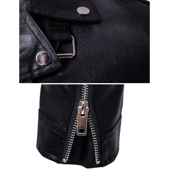 Men Black PU Leather Belted Motorcycle Jacket Zipper Biker Coat - Picture 6 of 6